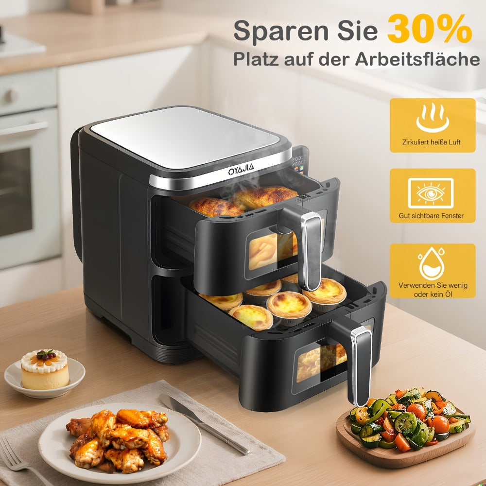 Freidora de Aire de 11L con Ventana de Fácil Visualización, Cajones Verticales Dobles, Cocción en 4 Niveles, Capacidad XXL - 2 Cestas de 5.5L, 2 Cajones y 2 Rejillas, Ahorro de Espacio, 10 Funciones, Sincronización y Compatibilidad, Libre de PFAS, 2800W