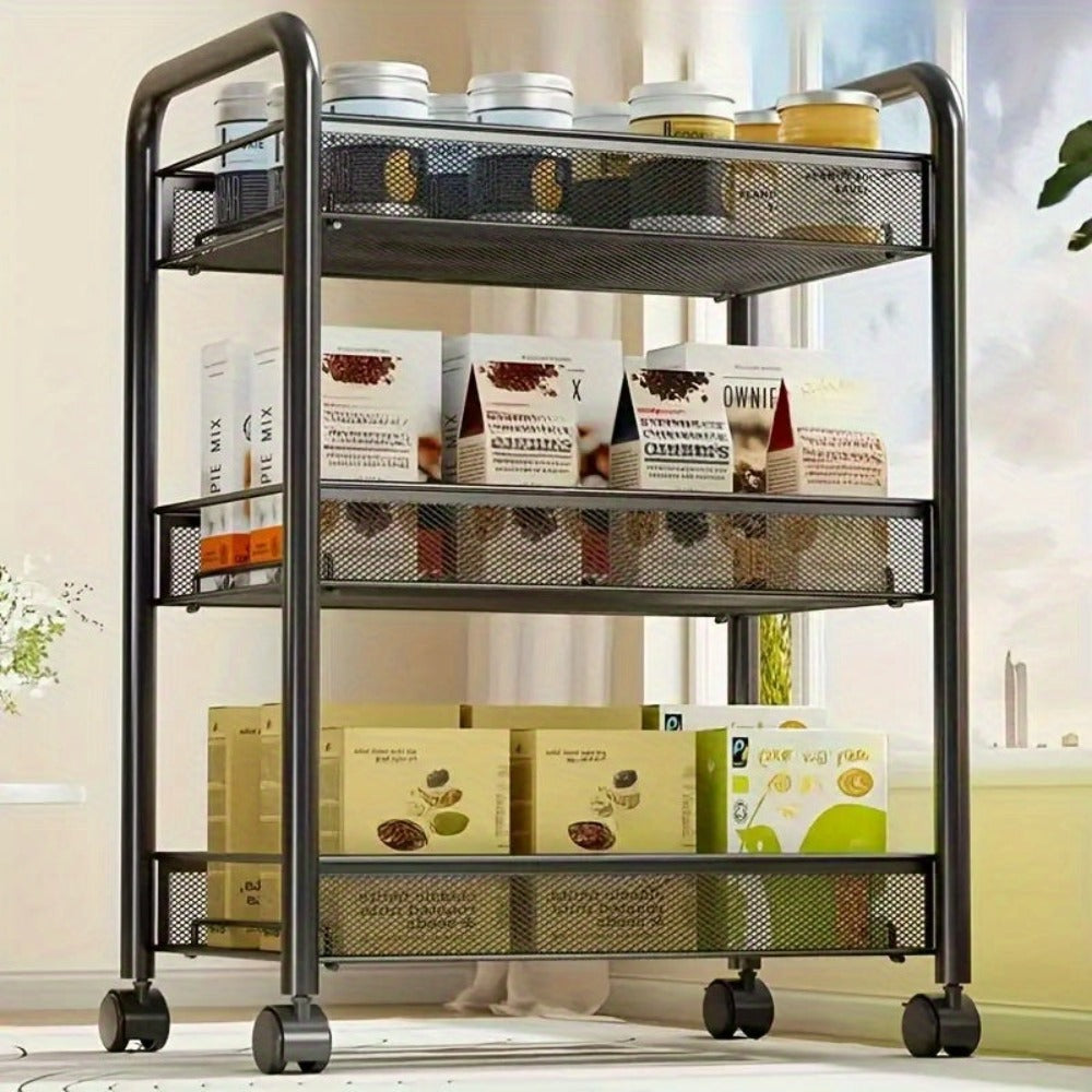 Estante de Cocina Multifuncional de Metal de Tres/Cuatro Niveles con Ruedas, Estante de Almacenamiento de Alta Resistencia, Adecuado para Garaje y Cocina, Gran Capacidad, Fácil de Montar, Estante y Gabinete de Cocina, Estante Práctico, Ideal para Cocina y