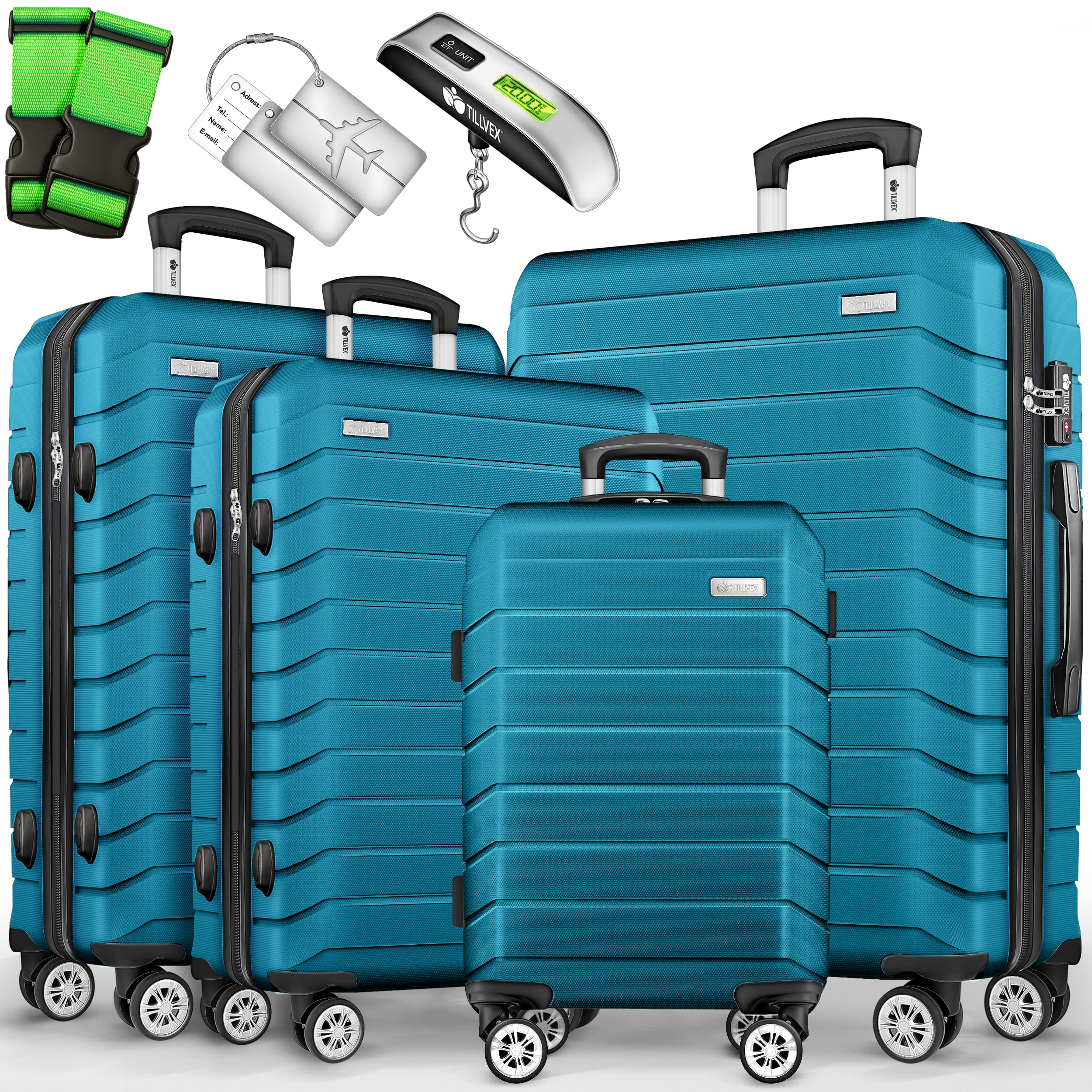 Tillvex® Juego de Equipaje de Viaje con Báscula, Correas y Etiquetas | Maleta de 4 Ruedas | Equipaje con Candado TSA | Juego de Maletas de Carcasa Dura
