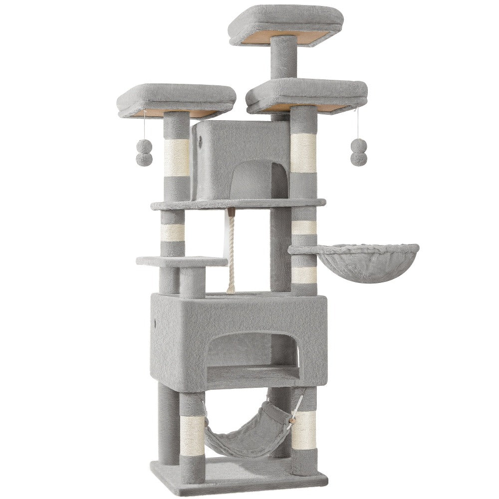 Árbol para Gatos, 176cm, Tamaño XL con 3 Plataformas, 2 Cuevas, 7 Postes Rascadores, Hamaca y Pelota de Felpa – Ideal para Familias de Gatos en Gris Claro/Gris Oscuro Beige, Torre de Escalada para Mascotas, Enriquecimiento Felino, Árbol Ahorra Espacio, Mu