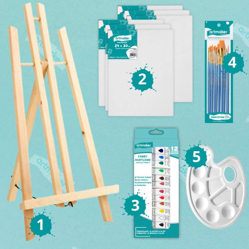 Artmaker XXL Set Completo de Pintura Artística con Caballete de Madera de 50 cm, 6 Lienzos de 24x30 cm, Set de Pintura Acrílica de 12 Colores, 10 Pinceles y Paleta de Pintura – El Regalo Perfecto para Artistas Principiantes, Niños y Adultos para Crear Obr