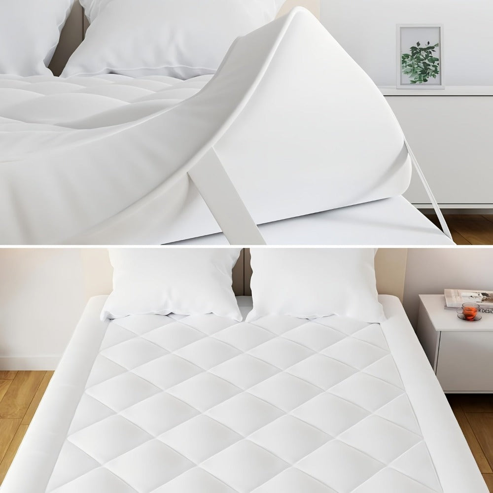 Colchón Topper Delgado de Calidad Hotelera de Lujo con Bandas Elásticas en las Esquinas, Tela Transpirable, Relleno de Poliéster 1000GSM, Cómodo y Cálido, Lavable a Máquina, Blanco, Diseño Acolchado en Cuadros Diamante, Tamaño Completo, Diseño de Caja