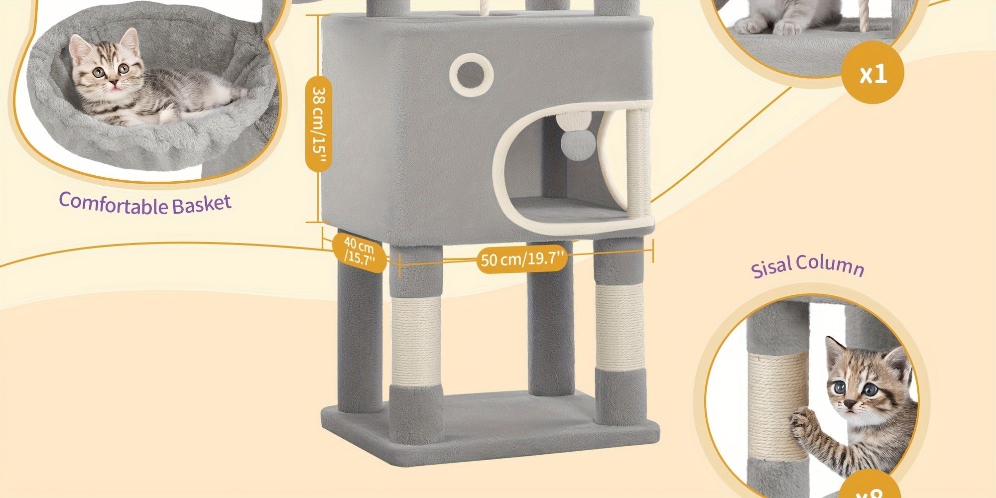 Árbol para Gatos, 180 cm con 8 Postes para Rascar, 3 Plataformas, 2 Cuevas, Cesta, Pelotas de Peluche, Cuerda de Sisal, Adecuado para Gatos de Varios Tamaños, Beige/Gris Claro/Gris Oscuro