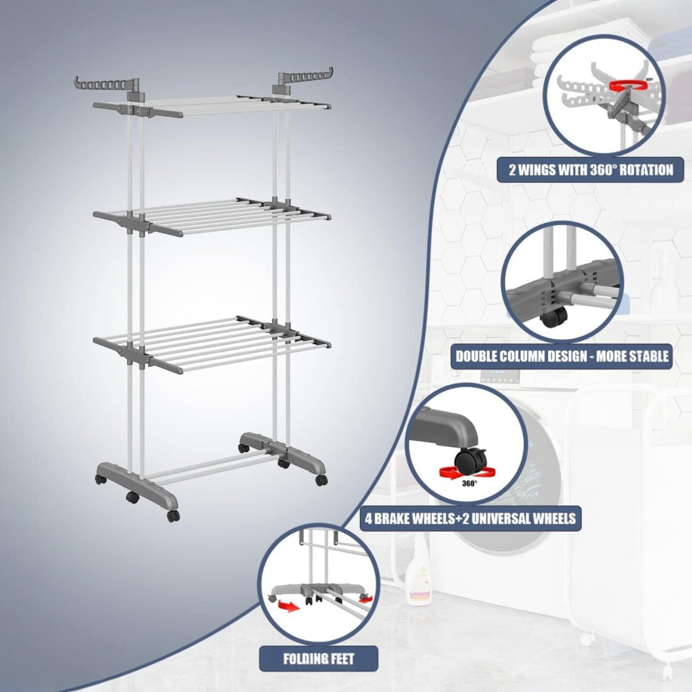 Tendedero de ropa, 4 Niveles Tendederos Plegables Vertical con Ruedas Amplio Espacio de Secado Tendederos, Acero Inoxidable Tendal para Exterior y Interiores