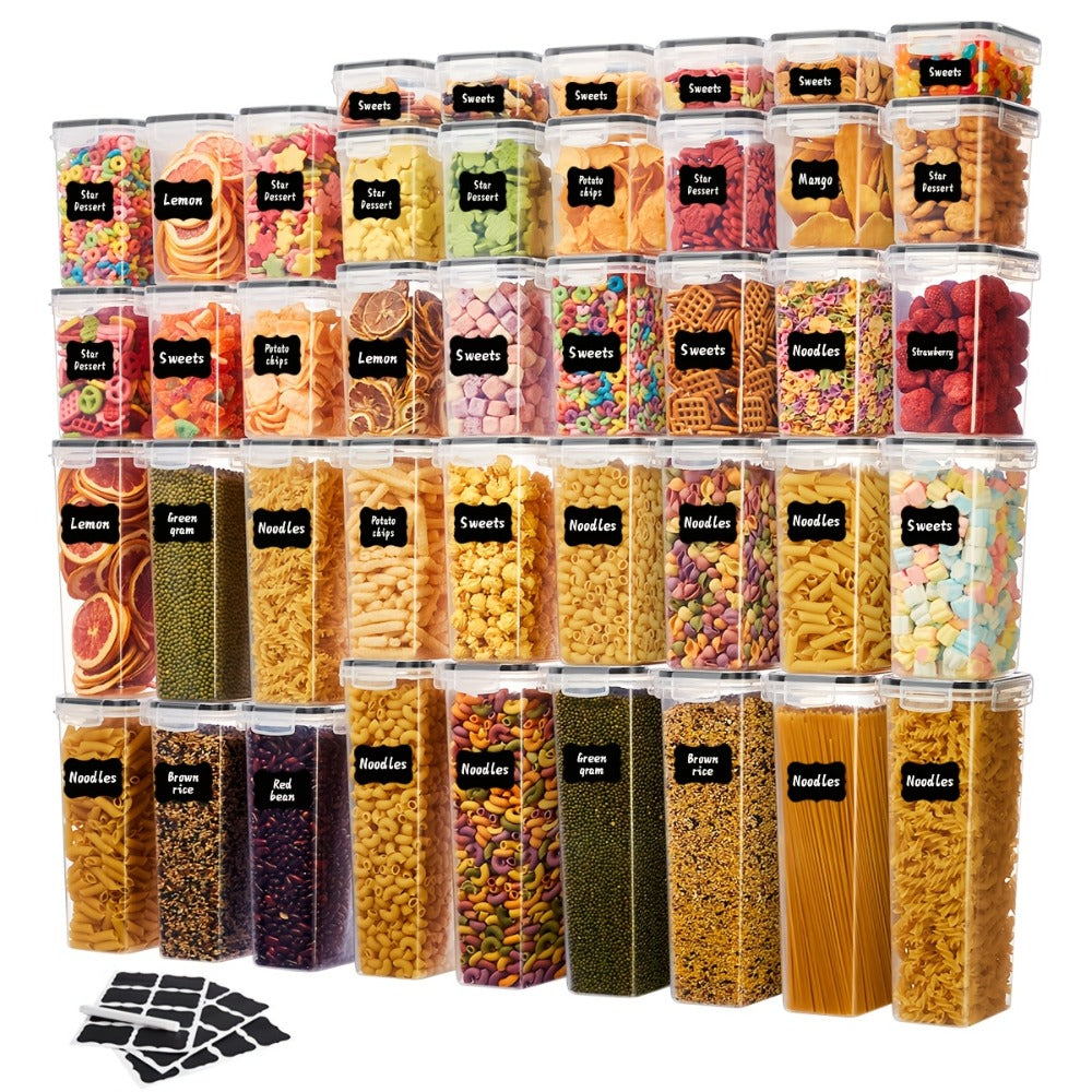 Juego de 48 piezas de recipientes herméticos, apilables y que ahorran espacio para almacenar alimentos, con tapas y cajas, incluye etiquetas para facilitar la cocina y la organización de la despensa. Compra 24 recipientes, obtén 24 tapas y 1 marcador grat