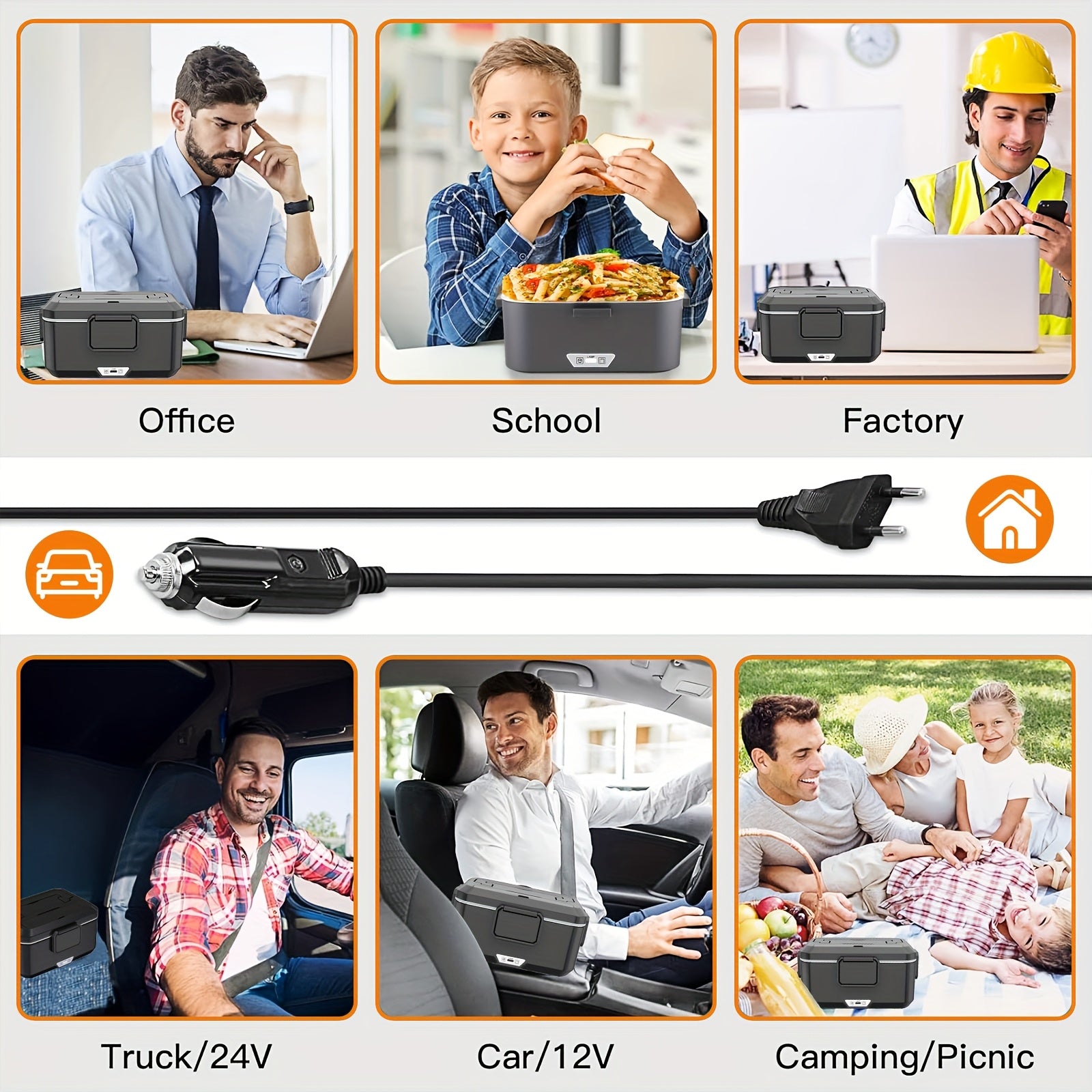 Caja de Almuerzo Portátil con Calentamiento - Capacidad de 2.5 Litros, Acero Inoxidable, Pan Desmontable, Adecuada para Coche, Camión, Oficina, Enchufe Tipo - para Vehículo o Calentamiento (Bolsa Aislante Incluida)