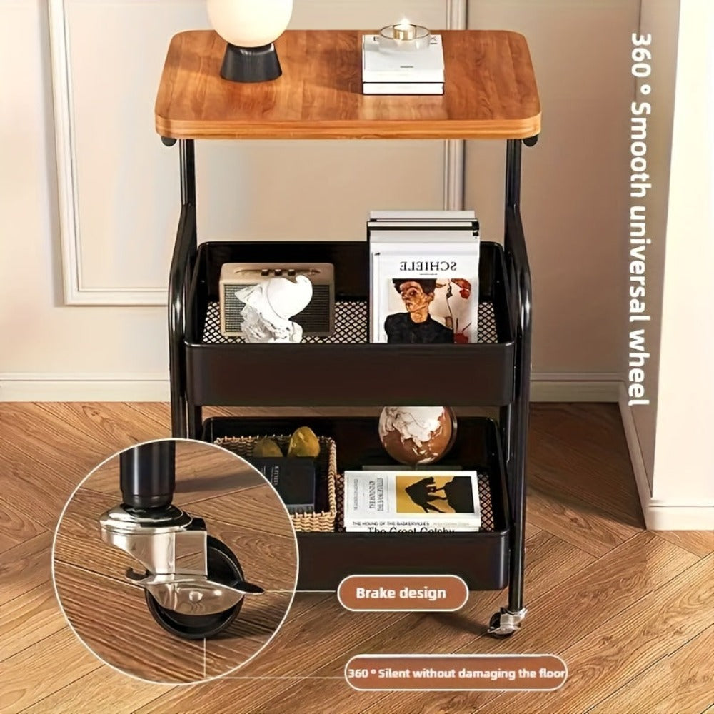 Un estante de almacenamiento con ruedas, estante superior de madera maciza, carrito de cocina, hecho de acero al carbono, resistente y duradero, para almacenar estantes de cocina, con un diseño vertical en capas, adecuado para el almacenamiento en dormito