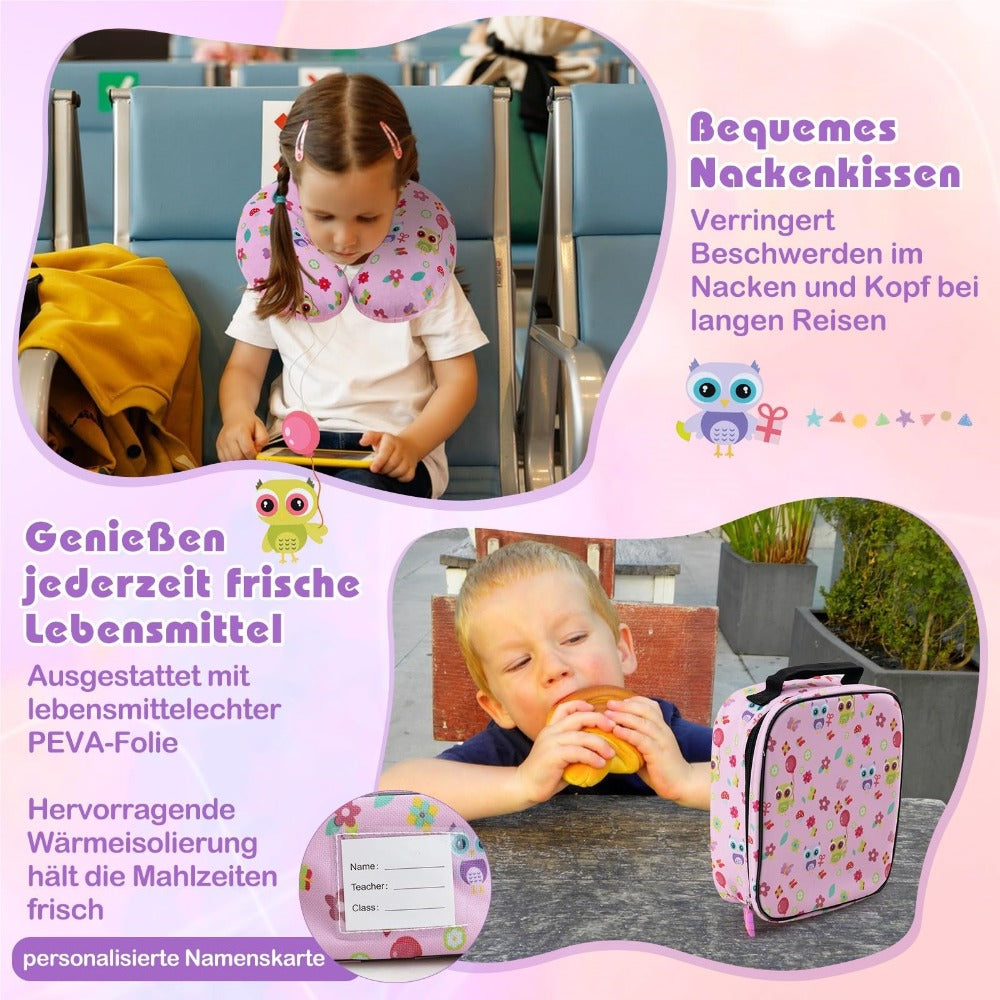 Juego de Equipaje para Niños de 5 Piezas + Mochila, Trolley con Lonchera, Etiqueta de Equipaje y Almohadilla de Cuello, Maleta con Ruedas para Niños y Niñas (Rosa)