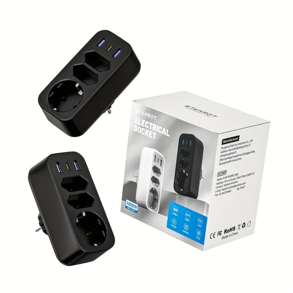 2 unidades de enchufe USB, adaptador de enchufe, multi enchufe 6 en 1 con 3 salidas, 2 cargadores USB, 1 puerto tipo C, compatible con teléfonos celulares, computadoras portátiles, para electrodomésticos, multi enchufe para el hogar, viajes y oficina