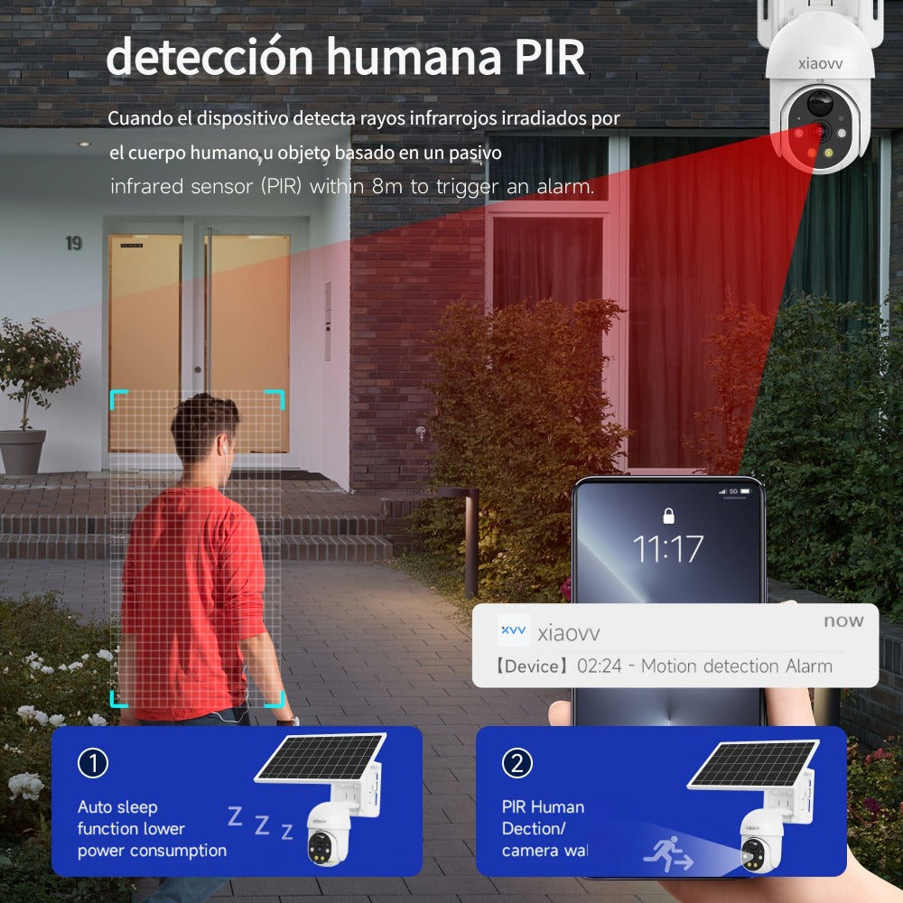 Cámara de seguridad 4G 4MP con energía solar [Sin conexión Wifi] con batería grande de 10000Mah, PTZ de 360°, visión nocturna a color, detección humanoid de IA, alarma de luz y sonido, audio bidireccional, almacenamiento en la nube/local, adecuada para pa
