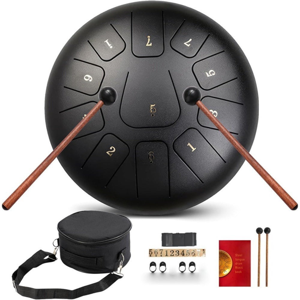 Tambor de lengüetas de acero de 10 pulgadas con 11 notas, completo con mazos de tambor, una bolsa de transporte y palillos de notas para terapia del sonido, meditación y yoga
