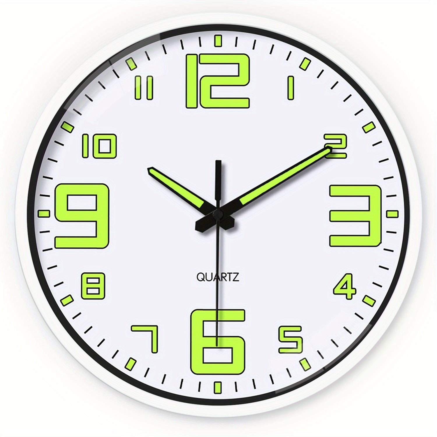 Reloj de pared de 12 pulgadas blanco que brilla en la oscuridad, números y manecillas luminosas que absorben energía, reloj de pared silencioso de plástico sin tictac, funciona con pilas, para sala, dormitorio, oficina, decoraciones de pared, regalos para