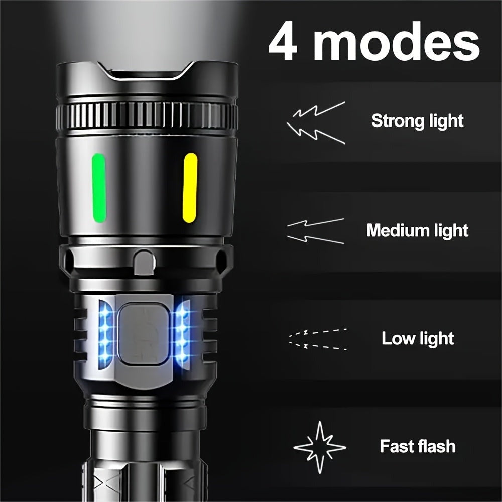1 linterna recargable potente de alto lumen, 4 modos de iluminación, linterna LED zoomable, linterna de emergencia portátil de aleación de aluminio con pantalla electrónica, para emergencias comerciales, pesca, camping, exploración, caza, senderismo
