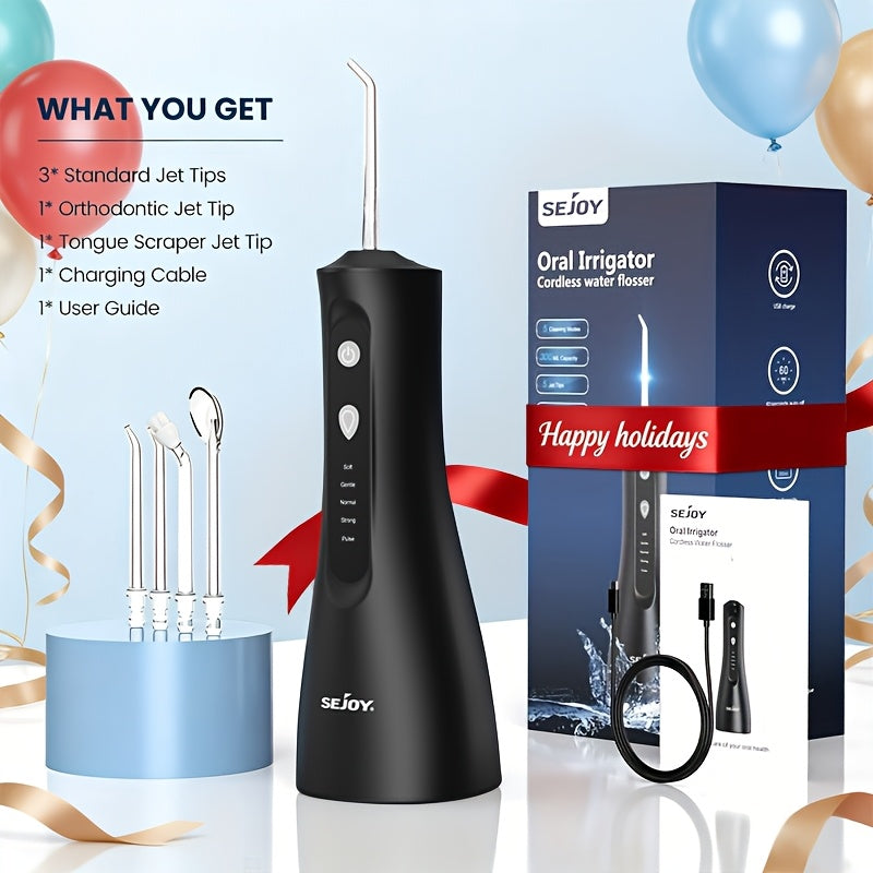 Irrigador Bucal Sejoy C12BLA Profesional con 5 Modos, 9 Boquillas, Tanque de 350ML, 30 Días de Batería para Limpieza Dental, Brackets y Cuidado de las Encías
