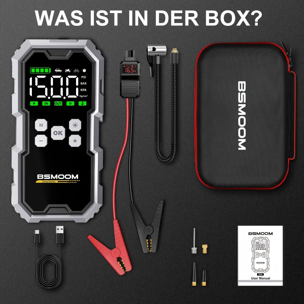 Inflador de neumáticos y arrancador de coche con compresor de aire, impulsor de batería de 8000A, power bank y luces LED. Esta caja de arranque automático de 12V es adecuada para todos los vehículos de gasolina o diésel de 10.0L y viene con una funda de t
