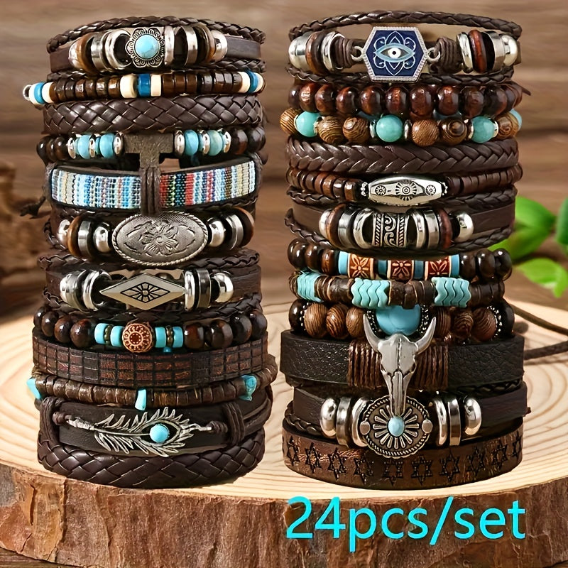 24 Piezas de Pulseras Retro con Cuentas Turquesa y Madera para Hombres y Mujeres - Cuero Sintético Marrón con Colgantes de Estrella y Pluma, Regalo Ideal para Amigos, Eventos Diarios o Campus