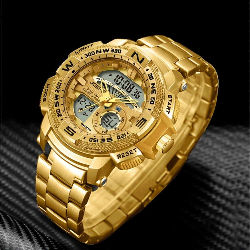 Reloj deportivo de lujo para hombre JOEFOX con doble pantalla - Esfera grande, luz nocturna LED, resistente al agua 3ATM, cronógrafo y alarma, reloj de pulsera estilo campo para hombre