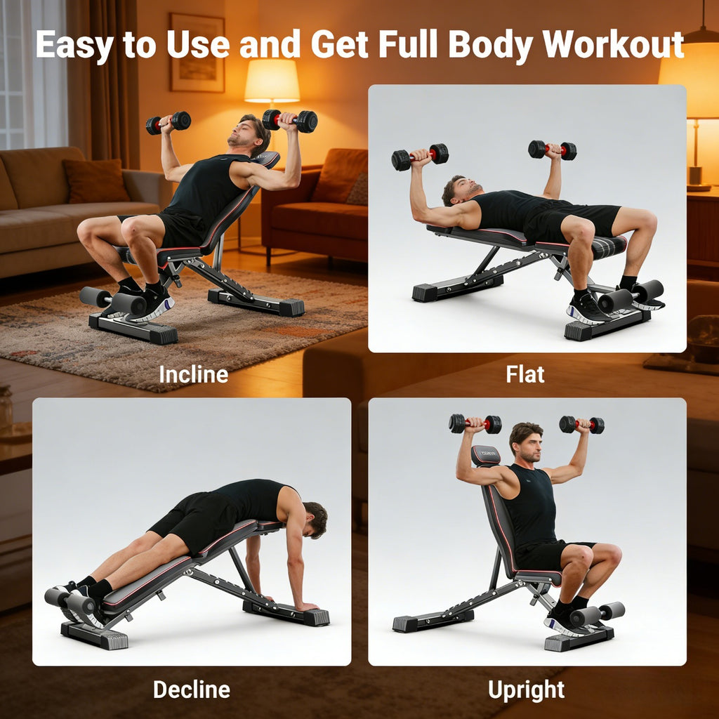 Banco de pesas versátil, banco de ejercicios plegable con una capacidad de carga de 299.37 KG, soporte mejorado para cabeza, cuello y columna vertebral, posiciones de inclinación, declinación y plana ajustables para entrenamiento de fuerza en el gimnasio