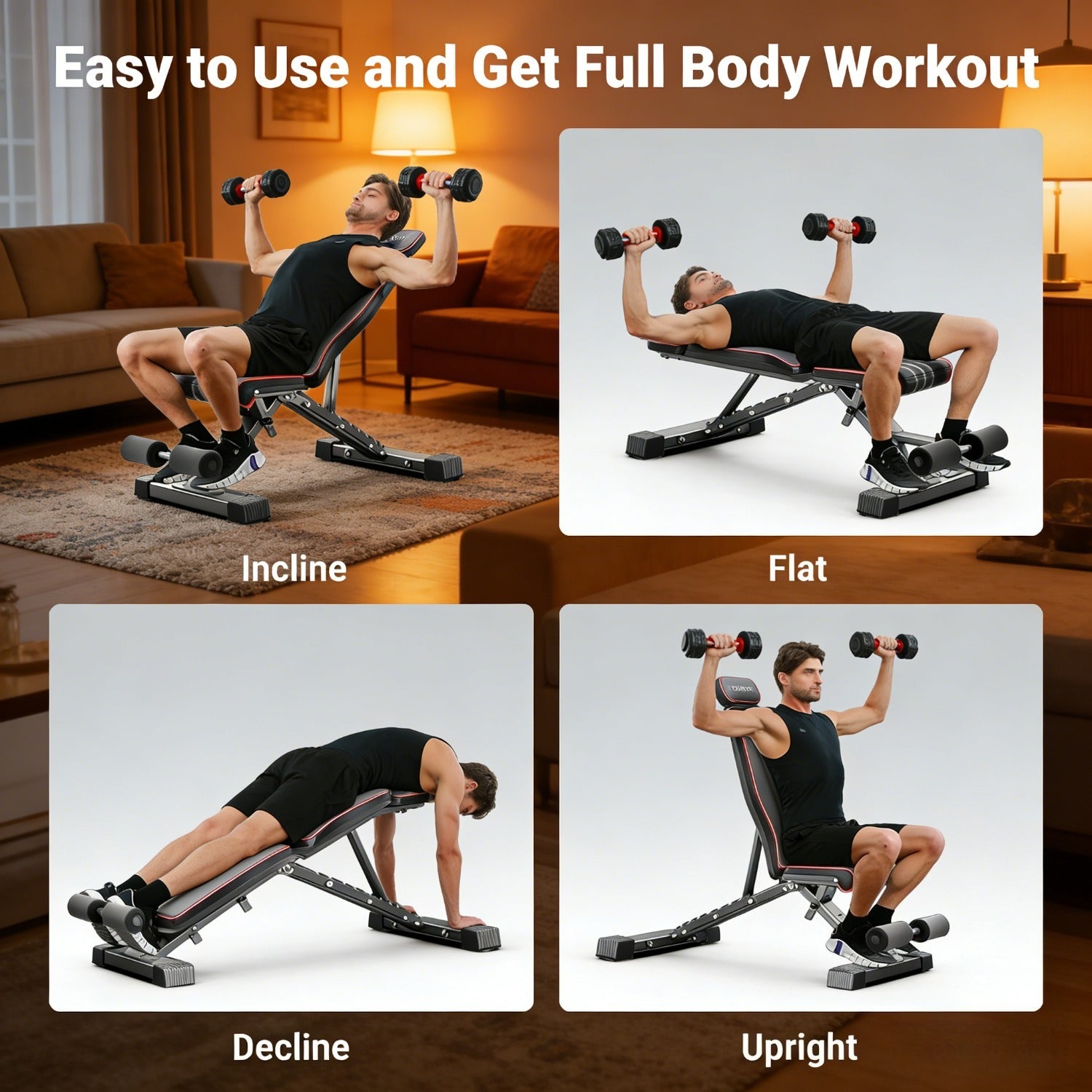 Banco de pesas versátil, banco de ejercicios plegable con una capacidad de carga de 299.37 KG, soporte mejorado para cabeza, cuello y columna vertebral, posiciones de inclinación, declinación y plana ajustables para entrenamiento de fuerza en el gimnasio