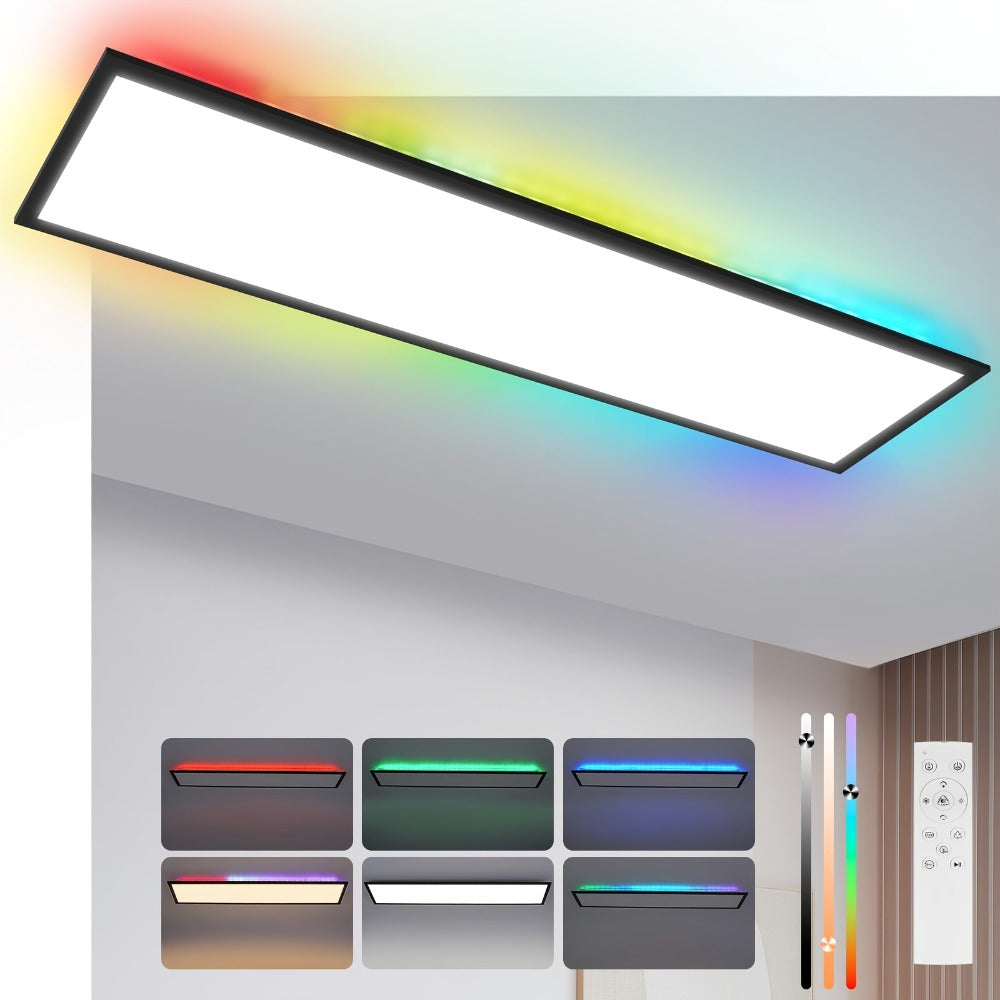 Panel LED Comercial 100X25Cm Regulable – Panel de Techo Largo RGB que Cambia de Color, Luz de Techo Plana para Oficina con Control Remoto, Lámpara de Techo Negra Rectangular Grande para Sala de Juegos, Sala de Estar, Oficina
