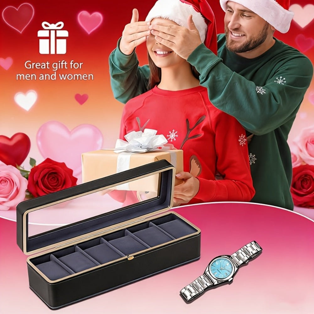 Caja de almacenamiento de relojes de lujo con 6 compartimentos y tapa transparente - Espacio de almacenamiento espacioso, adecuada para relojes mecánicos y de cuarzo para hombres y mujeres, diseño portátil para uso doméstico o de viaje, solución de almace