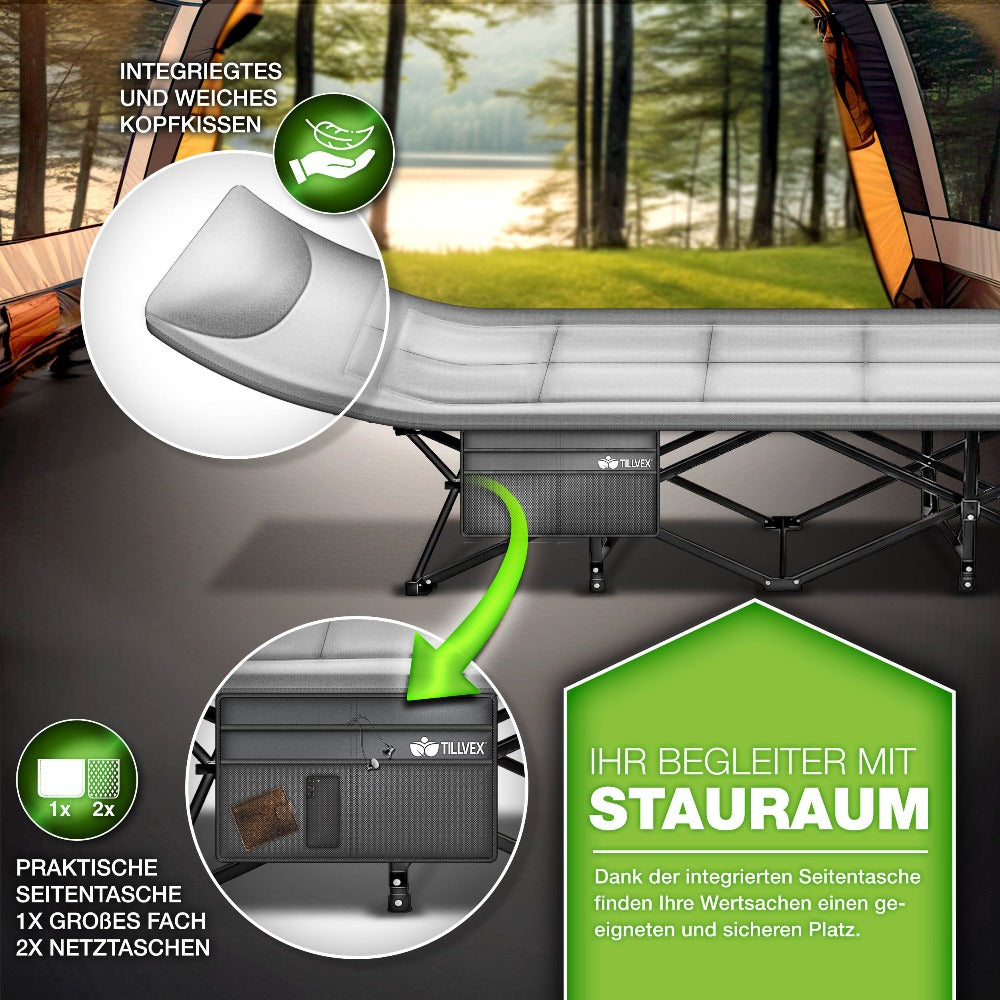 Tillvex® Cama Plegable para Camping con Bolsa de Transporte, Soporta Hasta 200 kg, Cama Extra Ancha para Camping, Cama de Campaña, Cama de Pesca para Uso en Exteriores e Interiores, Cama Plegable para Invitados, Portátil para Jardín, Camping, Pesca, Festi