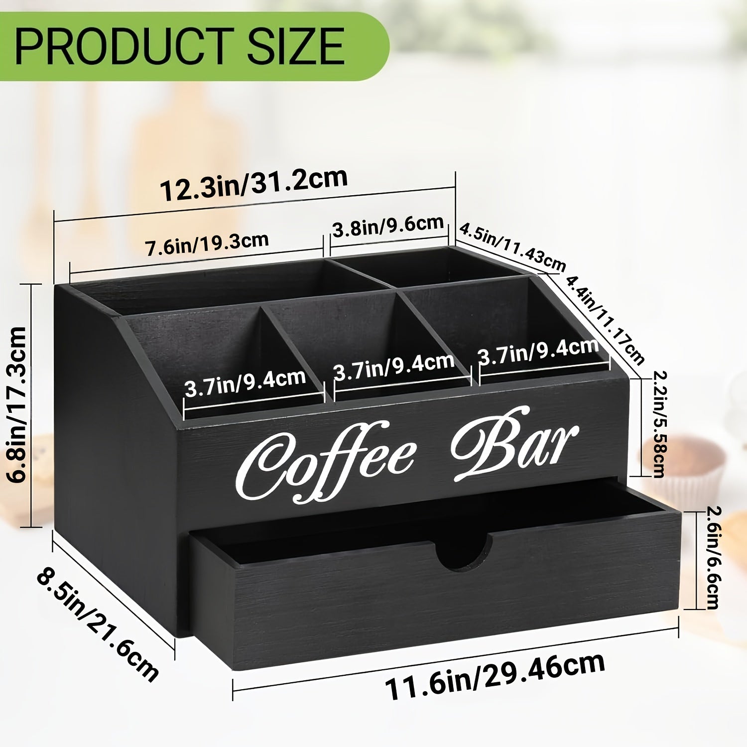 Organizador de barra de café Deluxe Freestable con cajón - Madera, apto para cápsulas de café, suministros de té, sobres de azúcar y cremas | Estación espaciosa para encimera, oficina, cafetería | Organizador de cajón para regalos de Navidad