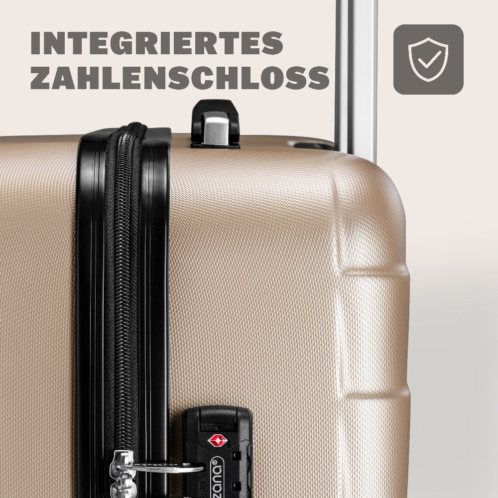 MONZANA® Juego de Maletas de 3 Piezas con Candado TSA, Maletas Rígidas en Tallas M-L-XL, Asas de Gel, 4 Ruedas Gemelas, Pies de Soporte, Maleta de Viaje con Ruedas – Negro, Azul o Champagne