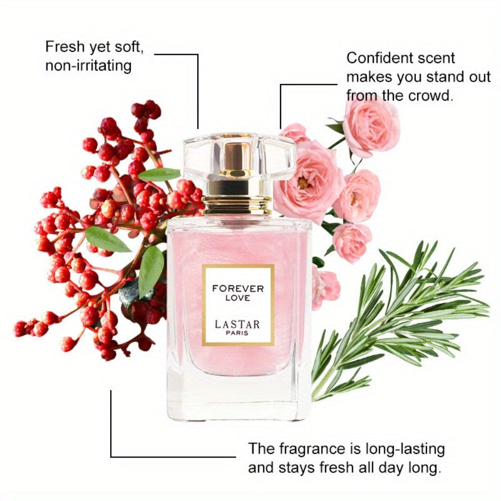 LASTAR Paris Forever Love Perfume 1.86Oz, Aroma Floral Romántico con Rosa, Jazmín, Vainilla y Pachulí, Fragancia Suave y Fresca, Larga Duración, Elegante Botella de Vidrio Rosa con Tapa Dorada, Regalo de Festival para Unisex