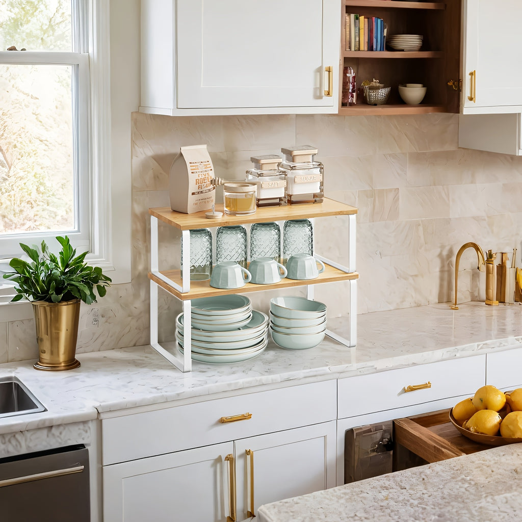 Par de organizadores de especias, estantes de encimera para la cocina, apilables y ajustables, fabricados con metal y madera de ingeniería, con un extremo en forma de nube y beige natural