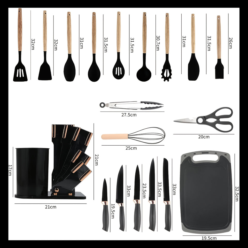 Juego de 19 Piezas de Cuchillos de Cocina con Bloque de Ventilación en Varios Colores. Incluye Cuchillo de Chef, Cuchillo de Carnicería, Cuchillo para Pan, Cuchillo Multiusos, Cuchillo para Frutas y Herramientas de Cocina. Hojas de Acero Inoxidable Premiu