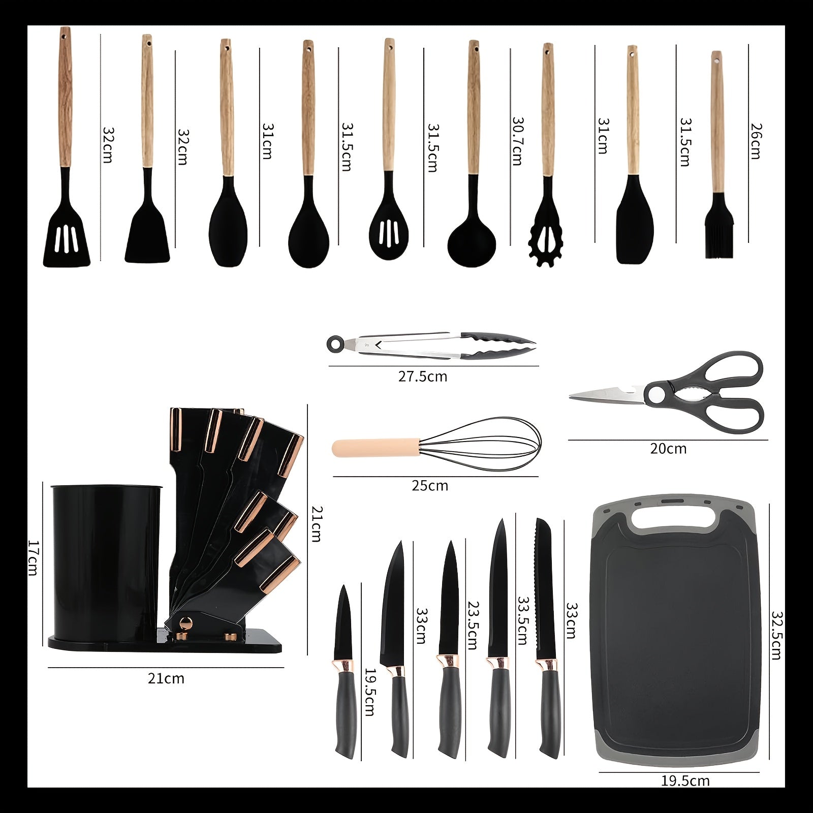 Juego de 19 Piezas de Cuchillos de Cocina con Bloque de Ventilación en Varios Colores. Incluye Cuchillo de Chef, Cuchillo de Carnicería, Cuchillo para Pan, Cuchillo Multiusos, Cuchillo para Frutas y Herramientas de Cocina. Hojas de Acero Inoxidable Premiu