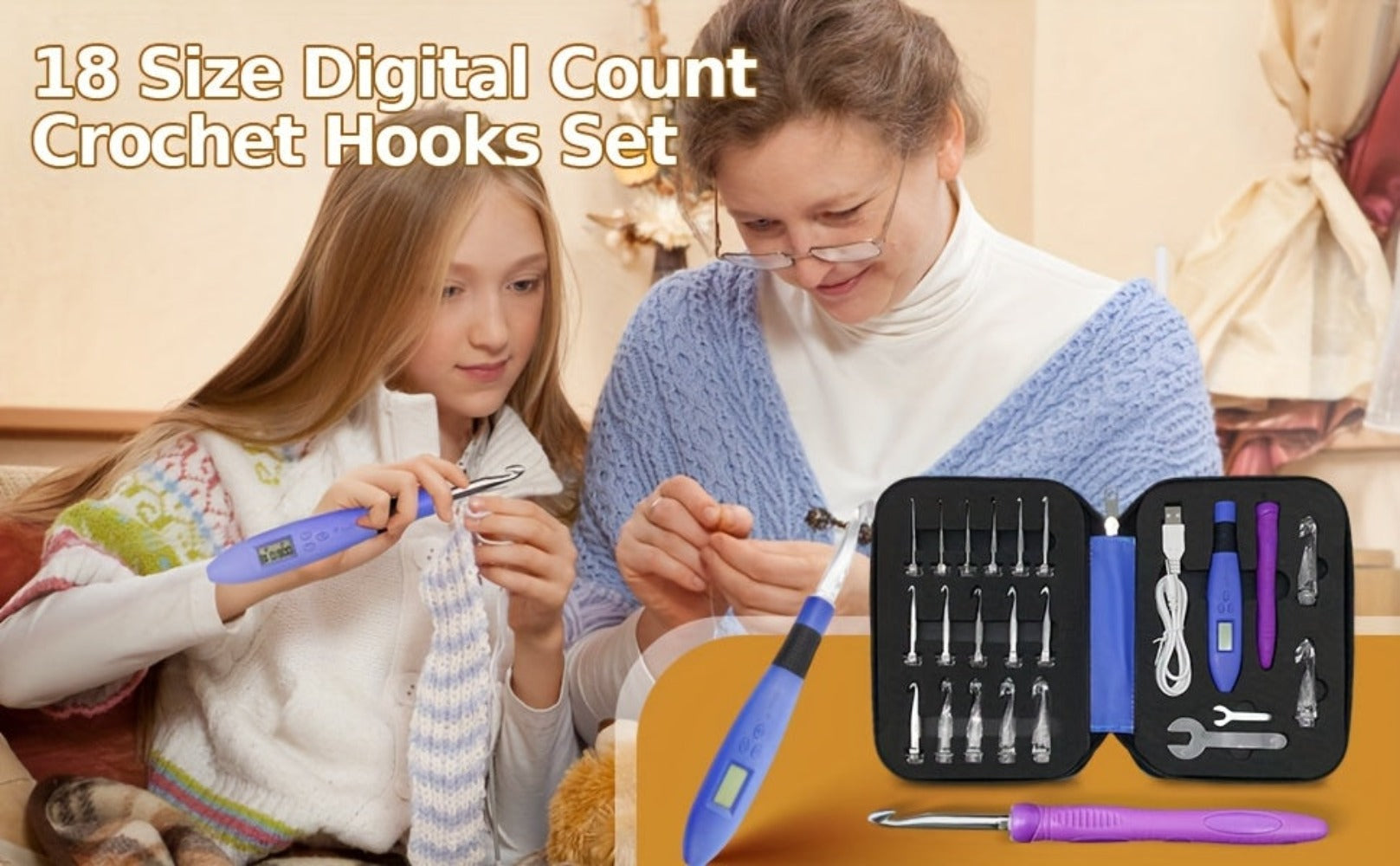Juego de Ganchos para Crochet con Contador y Luz LED, 18 en 1, Incluye Llave Grande/Pequeña, Mango Extra y Bolsa de Almacenamiento, Ideal para Tejer y Crochet