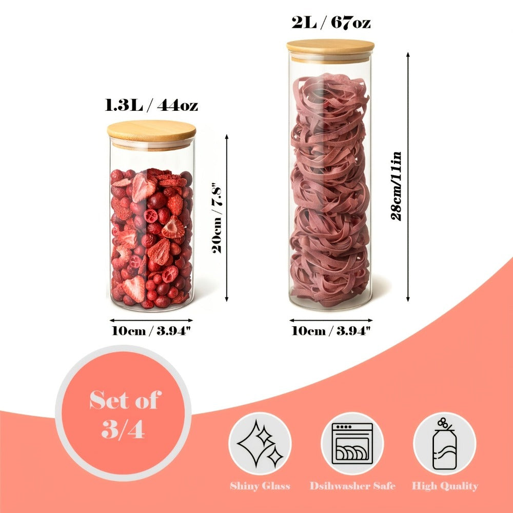 Juego de 3/4 tarros de cristal para almacenamiento de cocina, redondos y cilíndricos con tapa de bambú. 1.3L (44oz)/2L (67oz). Hechos de vidrio de borosilicato de alta resistencia, ligeros y duraderos, aptos para lavavajillas. Adecuados para pasta, frutos