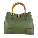 Bolso de cuero real con asas de bambú hecho en Italia, bolso de mujer, bolso de bambú de cuero