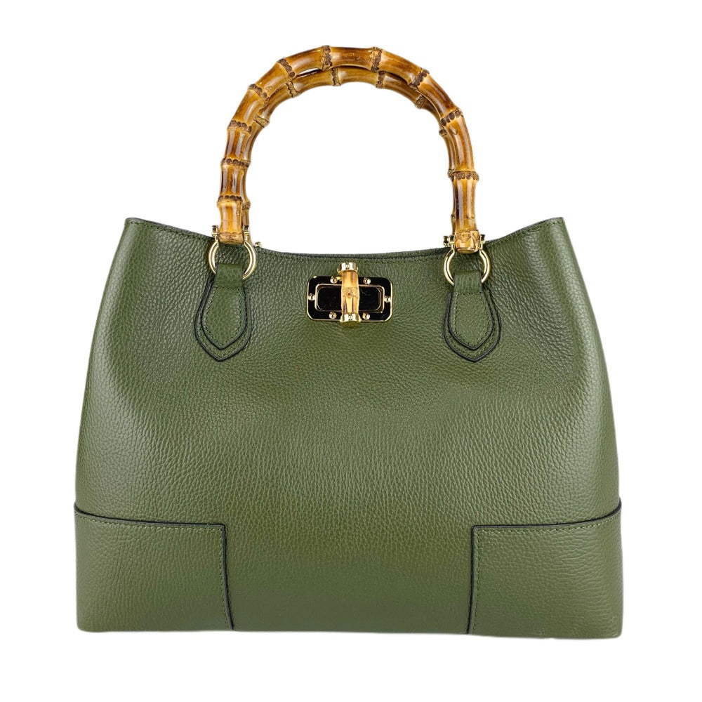 Bolso de cuero real con asas de bambú hecho en Italia, bolso de mujer, bolso de bambú de cuero