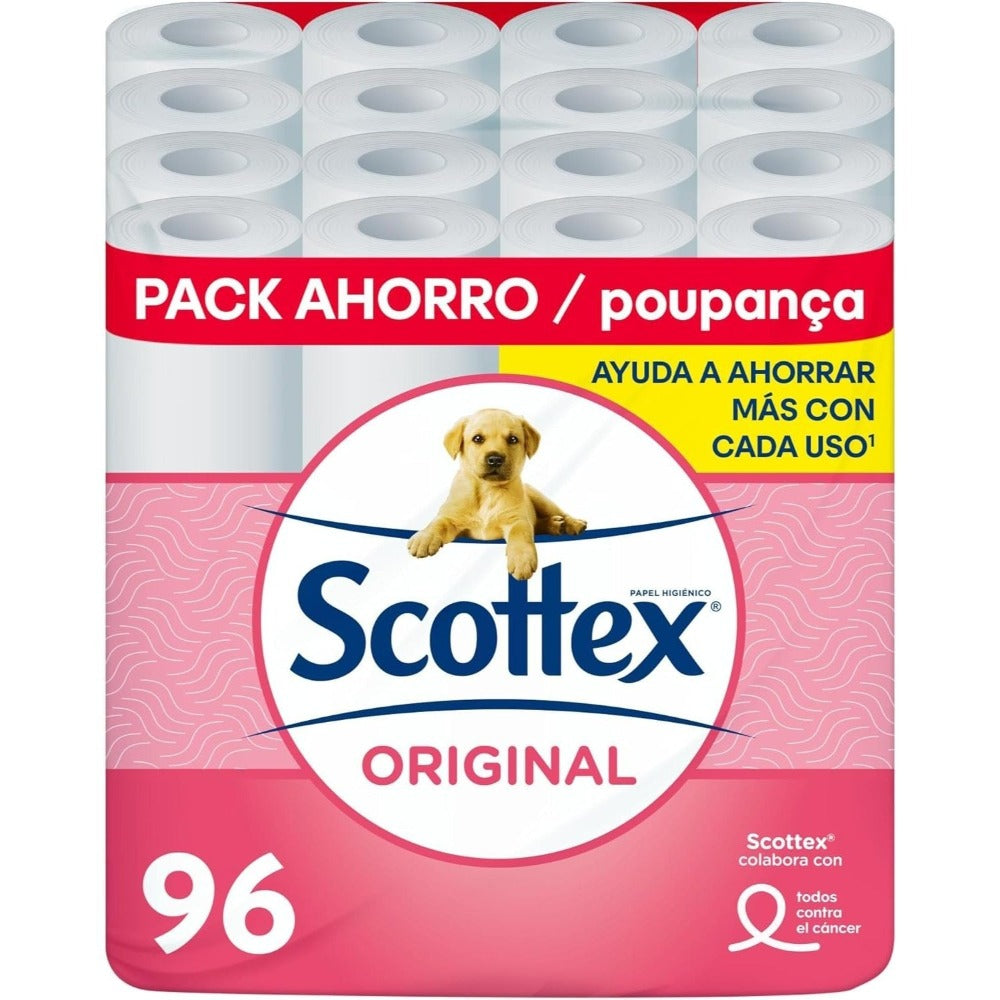 Scottex Original Papel Higiénico, 96 Rollos, 16 Rollos por Paquete, Doble Capa para Máxima Suavidad y Equilibrio