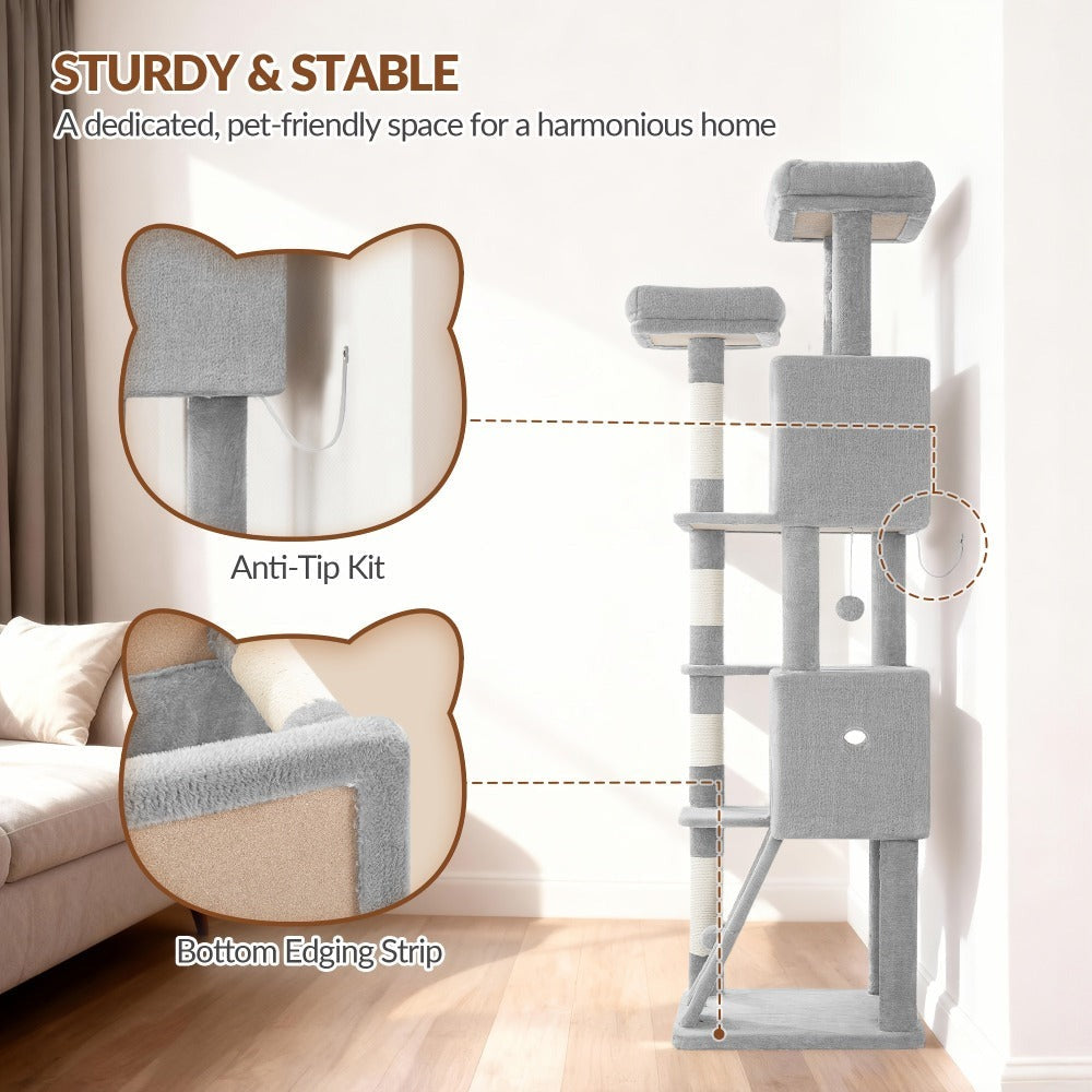 Fobyfurny Árbol para Gatos, Torre de 178cm para Gatos de Interior, Marco de Escalada para Gatos de Múltiples Niveles con Postes Rascadores, Tabla Rascadora, 2 Condominios Cómodos, 2 Perchas, Pompones, Lugar de Descanso