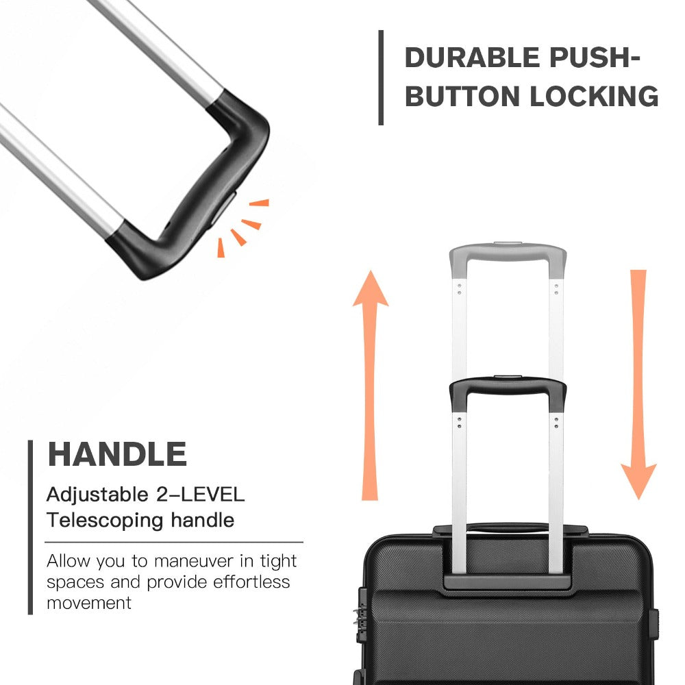 3 piezas de conjunto de maleta negra Diseño horizontal ABS carcasa dura con cerradura TSA rueda giratoria
