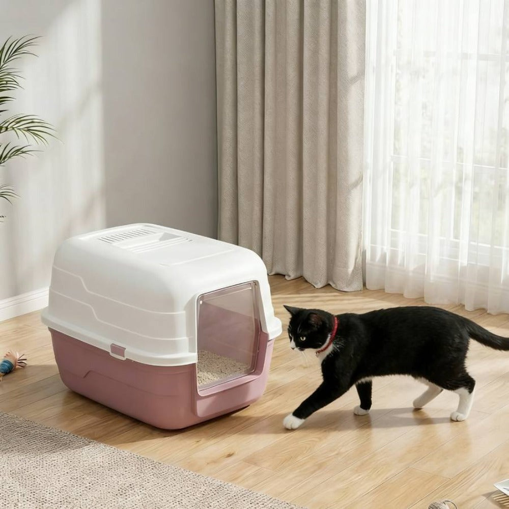 Arenero para gatos completamente cerrado | Arenero grande de plástico grueso | Con tapa abatible | Evita salpicaduras de arena | Fácil de limpiar | Gris, rosa, verde | 48 × 38 × 32 cm、57×39×41cm