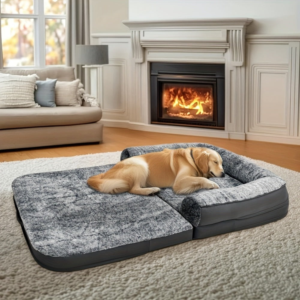 Cama Extra Grande para Perros Adecuada para Adultos | Cama Ortopédica para Siesta con Piel Sintética Lavable | Plegable y Portátil, Adecuada para Sala de Estar, Salón | Proporciona Espacio Amplio para Dormir para Adultos y Mascotas
