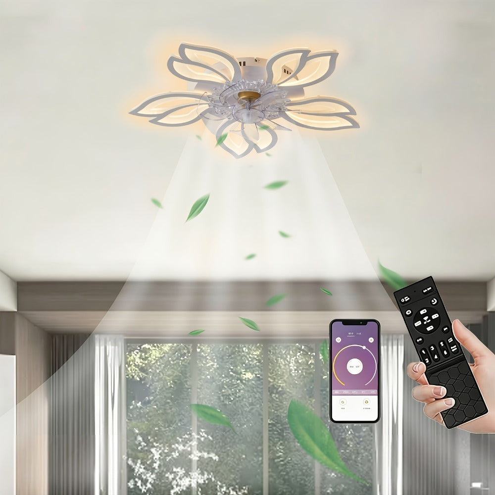 Lámpara de techo LED silenciosa con ventilador y iluminación, lámpara de techo para dormitorio con control remoto y aplicación, lámpara regulable con ventilador, 5 luces, pantalla de acrílico con forma de flor, sala de estar, cocina, 69 cm