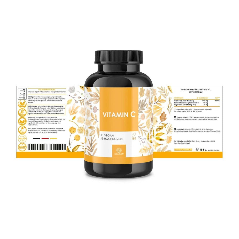NATURALKRAFT® Premium Vitamina C 1000 Mg Por Dosis Diaria con Polvo de Fosfolípidos de Girasol y Extracto de Rosa Mosqueta - 180 Cápsulas Veganas - Mayor Biodisponibilidad, Probado en Laboratorio y Sin Aditivos.