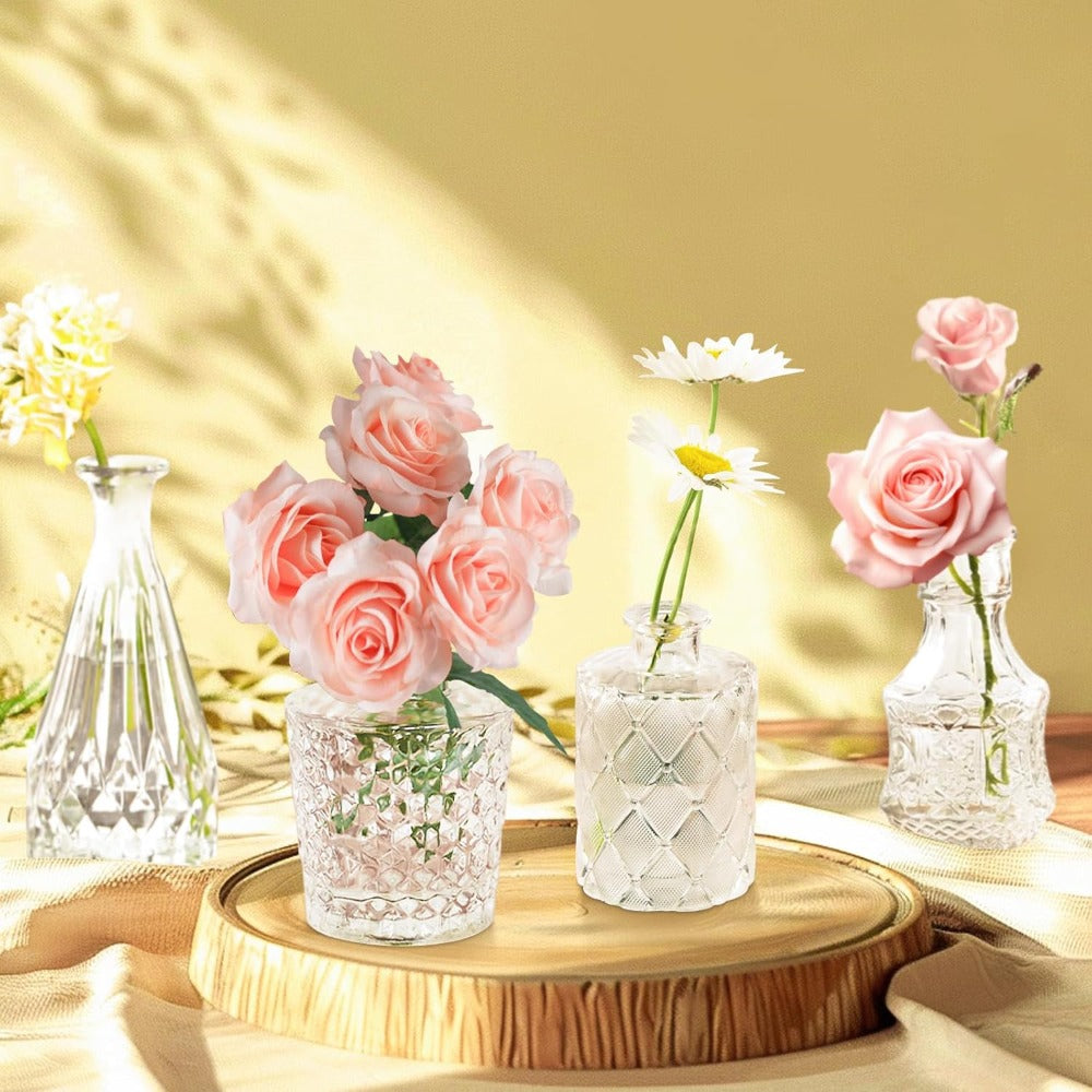 Juego de 12 jarrones de vidrio vintage para arreglos florales, con mini frascos de cristal transparente ideales para centros de mesa, decoración de bodas, uso doméstico y decoraciones para fiestas de flores