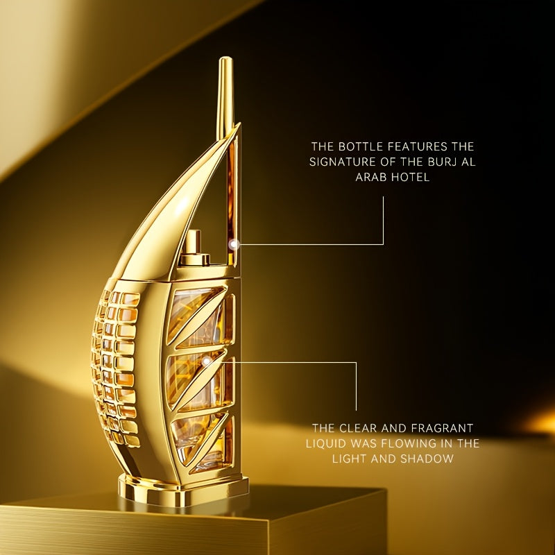 Perfume para hombre de 75ml (Diseño de Pagoda Dorada). Presenta notas de pera, orquídea y madera de cedro como la fragancia principal, con aroma de larga duración. Ideal para citas y fiestas, también es una opción de alta calidad para regalar en Navidad.
