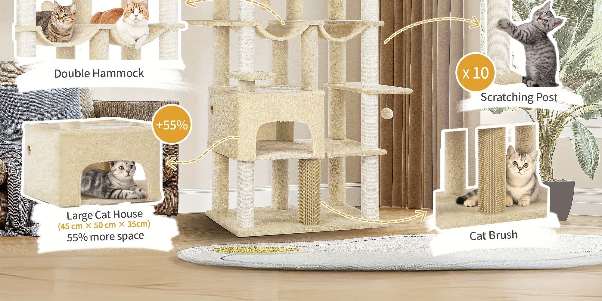 Árbol para gatos, Árbol para gatos XXL de 200 cm con 10 postes para rascar, 2 cuevas, 2 hamacas, plataforma grande, cepillo para gatos, cesta, árbol para gatos resistente para Maine Coon y gatos más grandes, gris claro/gris oscuro/beige