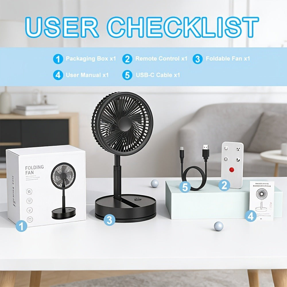 Ventilador de pedestal portátil plegable 2 en 1, recargable por USB-C con control remoto, 4 velocidades, oscilación de 70°, temporizador, inclinación ajustable, para hogar, dormitorio, oficina, viajes