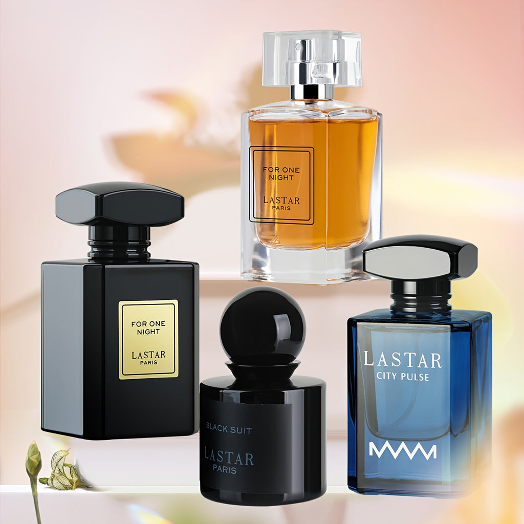Juego de Perfume para Hombre de Cuatro Botellas, 190 ml en Total, Notas Amaderadas Clásicas y Notas de Frutas Frescas, Fragancia de Larga Duración, Colonia de Larga Duración para Hombre, Adecuado para Uso Diario y de Fiesta, Ambiente para Citas, Embalaje