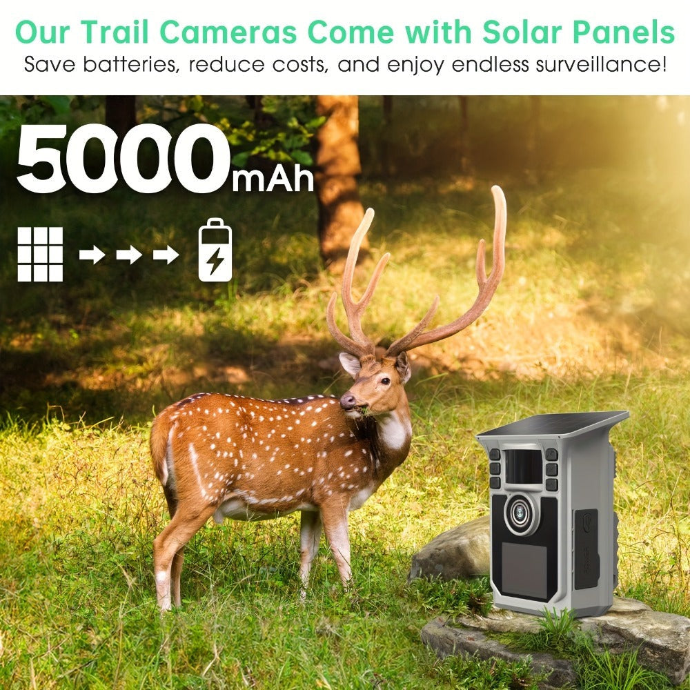 Cámara de rastro solar 4K, cámara de rastro WiFi de 64MP con visión nocturna, disparo de 0.2s activado por movimiento, cámara de caza con detección de 130°