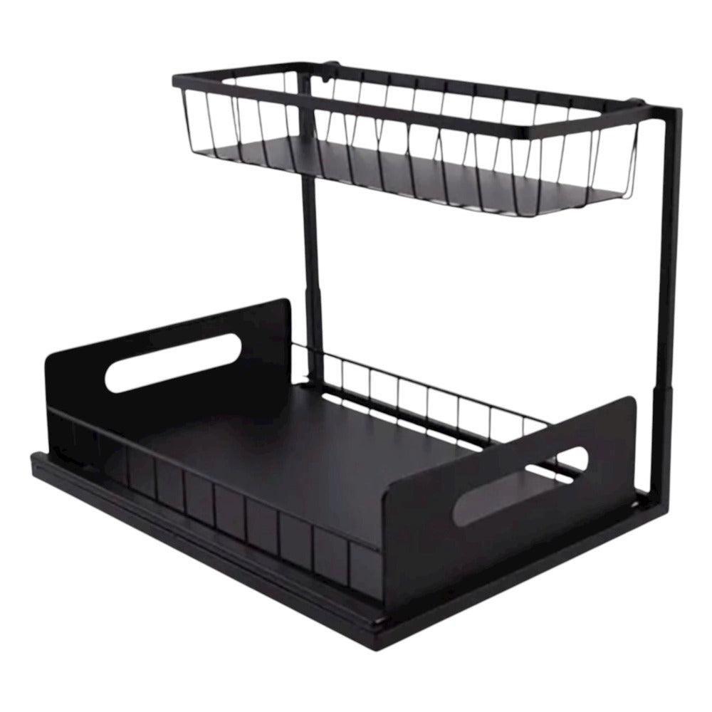 Organizador Cocina Almacenamiento de metal debajo del fregadero, organizador de cocina de 2 niveles con cajón de almacenamiento deslizante, organizador debajo del fregadero con ventosas mejoradas